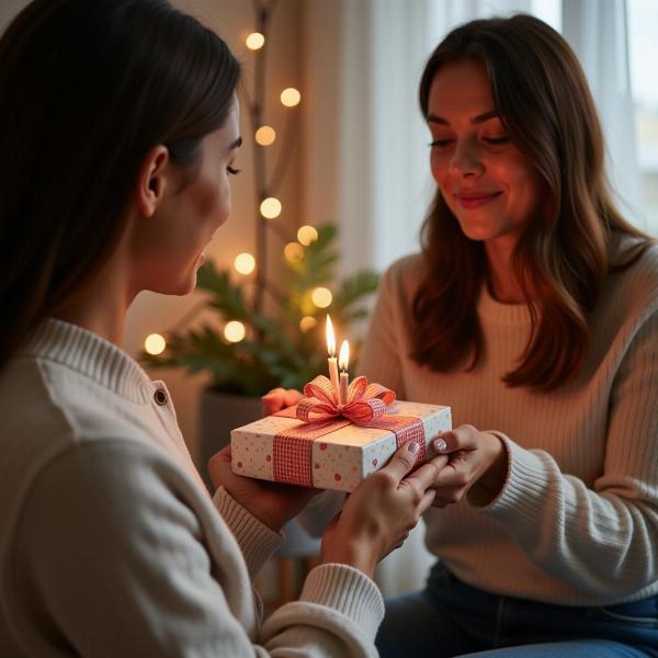 Una persona che regala un regalo di compleanno alla persona amata, con un'espressione di amore e affetto.