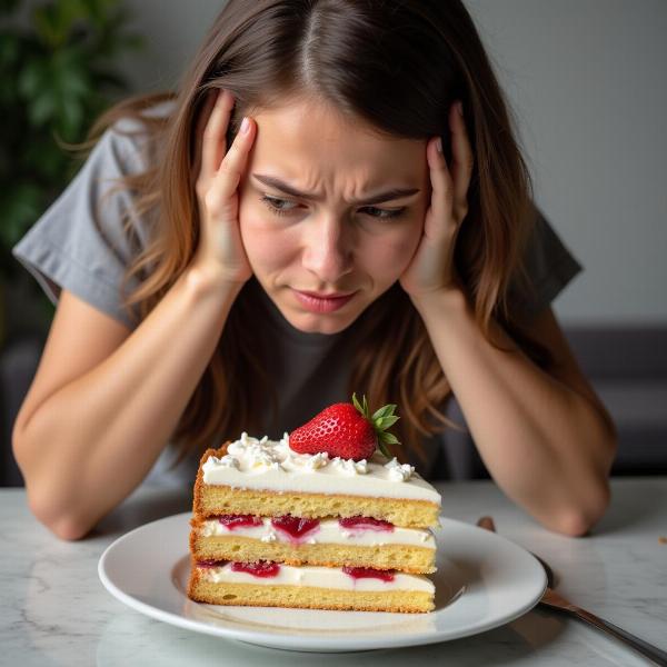 Una persona che guarda con desiderio un pezzo di torta mentre è a dieta.