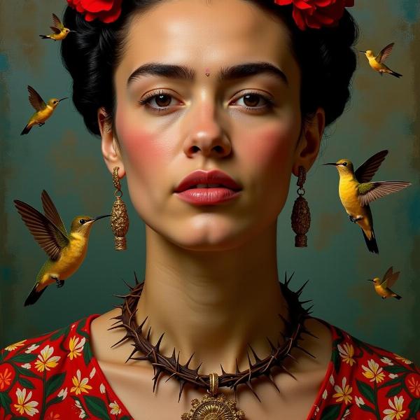 Ritratto di Frida Kahlo con una collana di spine e colibrì.