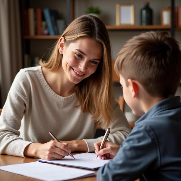 Madre scrive una lettera al figlio.