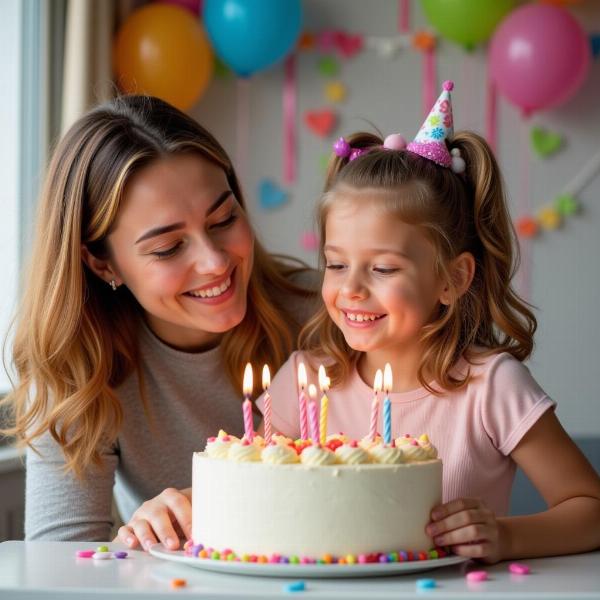 Mamma e figlia festeggiano un compleanno con una torta