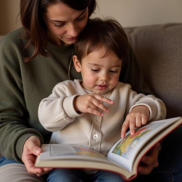 Bambino che legge un libro con un adulto