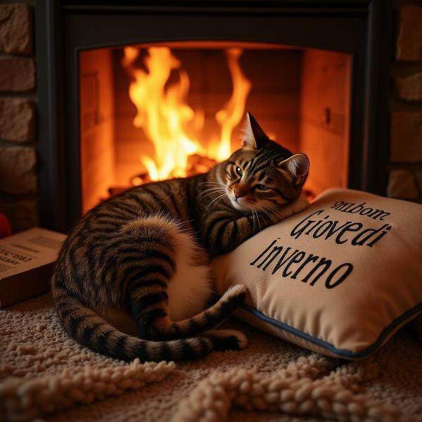 Un gatto accoccolato vicino al camino con la scritta "Buon Giovedì Inverno"