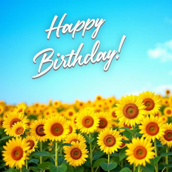 Immagine di buon compleanno per donna con girasoli e cielo azzurro