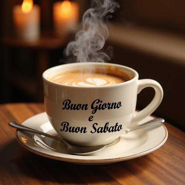 Immagine di un buon giorno e buon sabato con una tazza di caffè