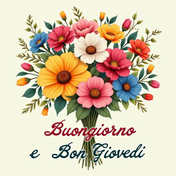 Immagine buongiorno buon giovedì con un mazzo di fiori colorati.