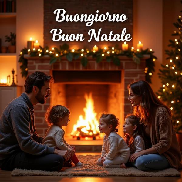 Immagine buongiorno buon Natale per la famiglia, con una scena calda e accogliente di una famiglia riunita davanti al camino.