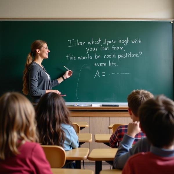 Un insegnante di matematica scrive una frase divertente sulla lavagna mentre gli studenti ridono