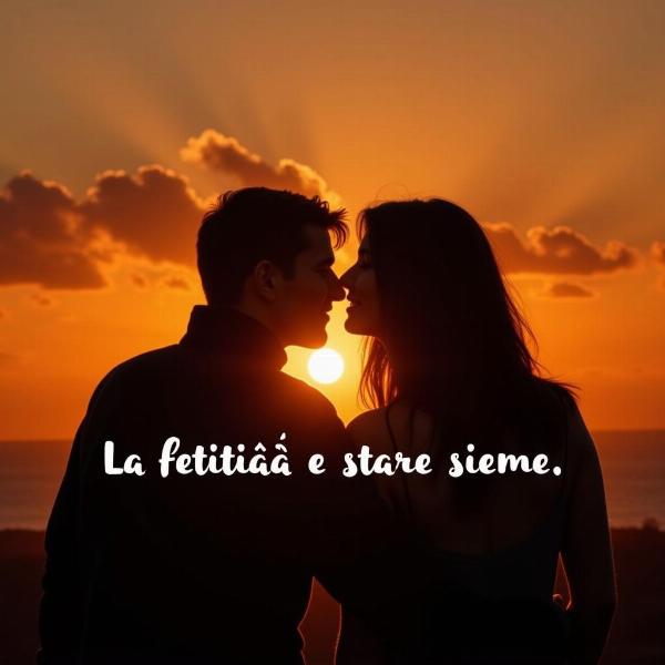 Coppia che si abbraccia al tramonto con la frase "La felicità è stare insieme"