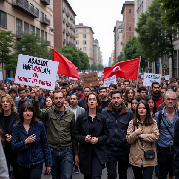 Manifestazione contro la mafia con striscioni e persone che marciano