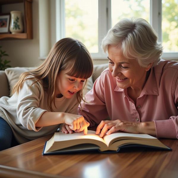 Nonna e nipote leggono un libro insieme.