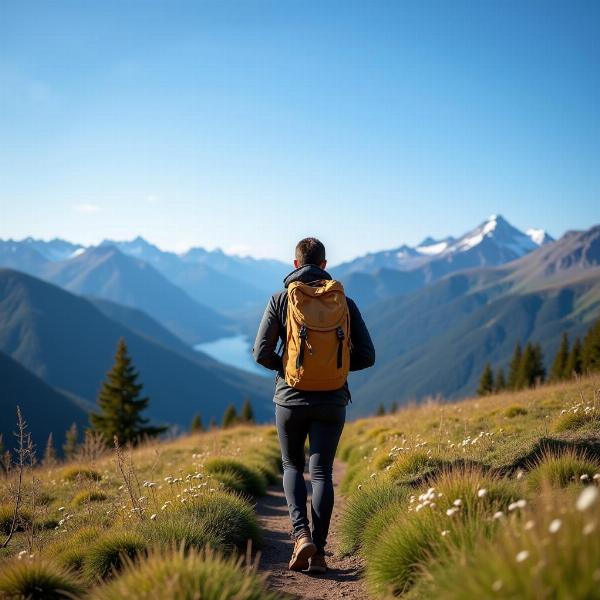 Nuova vita, nuove opportunità: una persona cammina su un sentiero di montagna con uno zaino.