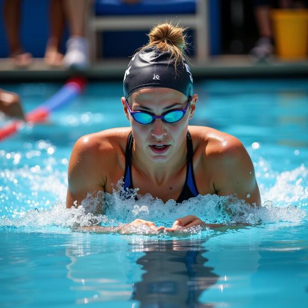 Federica Pellegrini si allena in piscina con sguardo determinato.