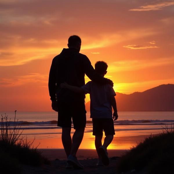 Padre e figlio passeggiano al tramonto