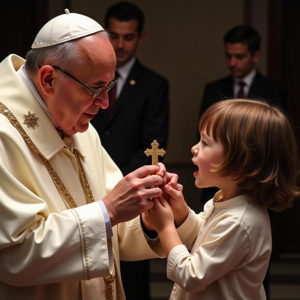 Papa Francesco consegna l'ostia durante una cerimonia di Prima Comunione