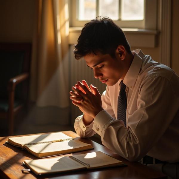 Preghiera allo Spirito Santo per gli esami: uno studente prega per la serenità e la concentrazione.