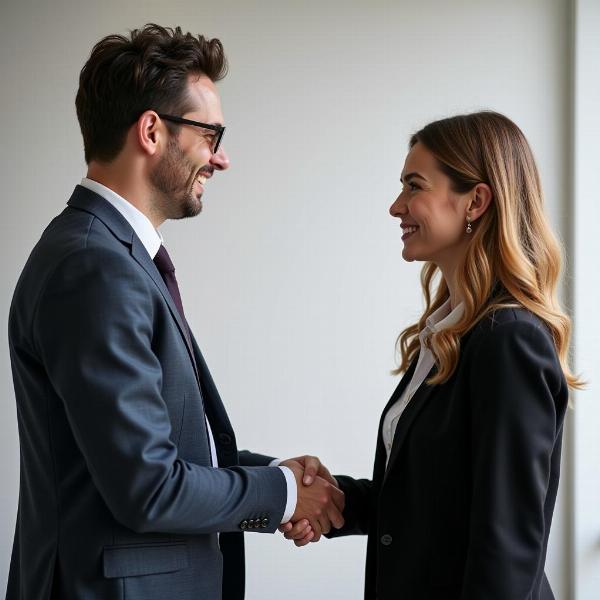 Saluto collega che cambia lavoro: Due colleghi si stringono la mano in segno di saluto e augurio per il futuro.