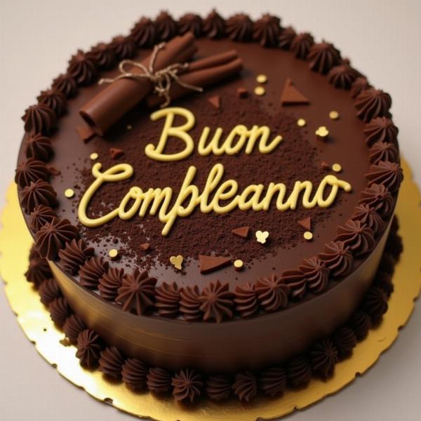 Scritta Buon Compleanno su Torta al Cioccolato con Decorazioni in Oro