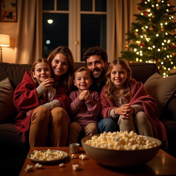 Serata cinema con popcorn e coperte davanti ad un film natalizio.