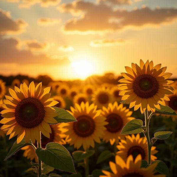 Il sole illumina un campo di girasoli, creando un'atmosfera calda e gioiosa.