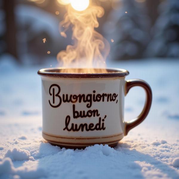 Tazza di cioccolata calda fumante con scritta "Buongiorno, buon lunedì" su sfondo invernale