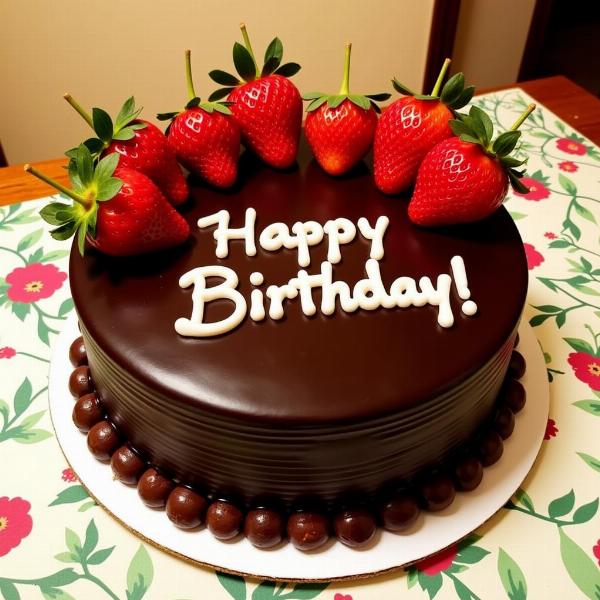 Torta di compleanno al cioccolato con fragole e scritta "Buon Compleanno"