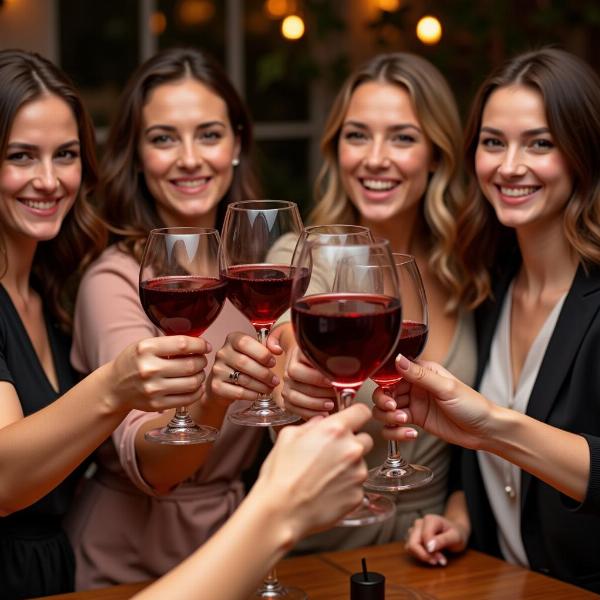 Donne brindano con vino rosso in una festa.