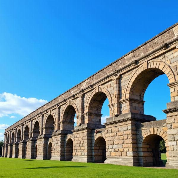 Acquedotto romano antico maestoso con archi in pietra contro un cielo azzurro.