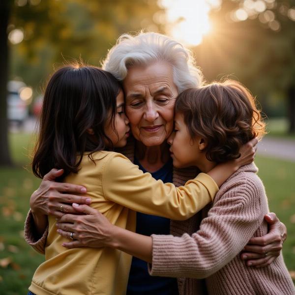 Nipoti salutano la nonna con un abbraccio caloroso.