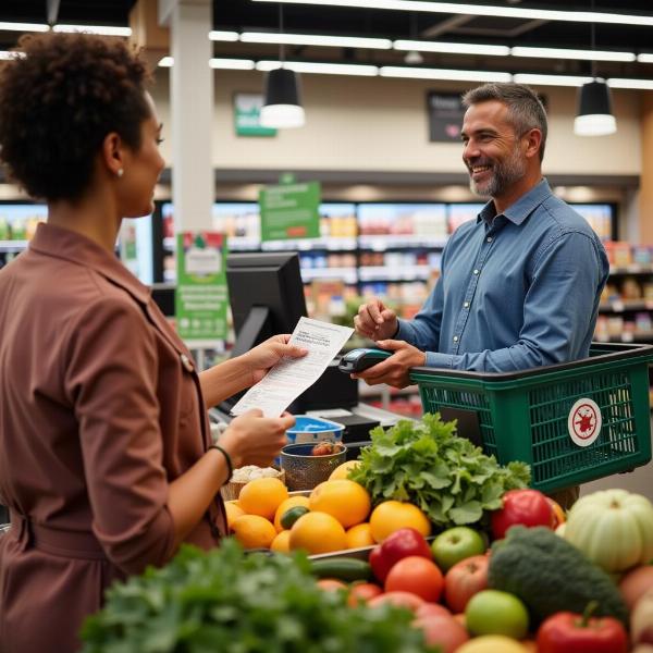 Uomo che paga la spesa con i buoni pasto Edenred al supermercato