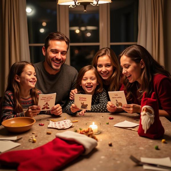 Famiglia che ride leggendo auguri divertenti della Befana.