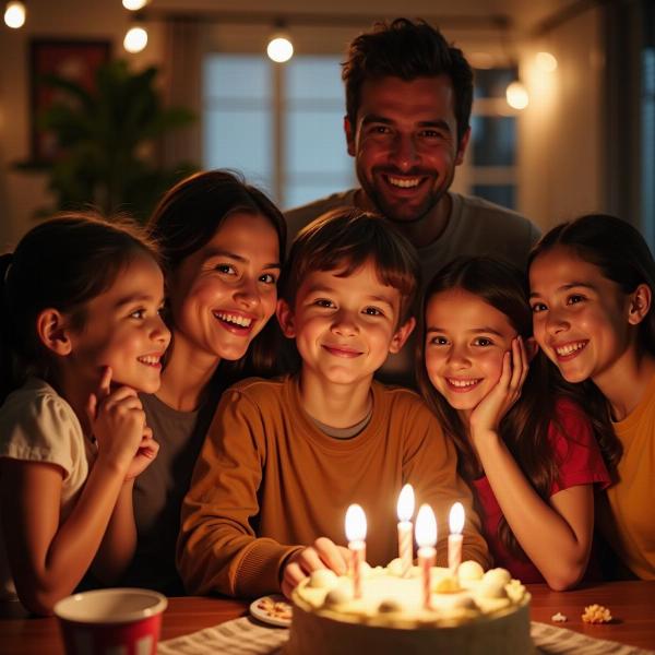 Auguri di buon compleanno in inglese per la famiglia: Foto di una famiglia riunita per festeggiare un compleanno, con un'atmosfera calda e affettuosa.