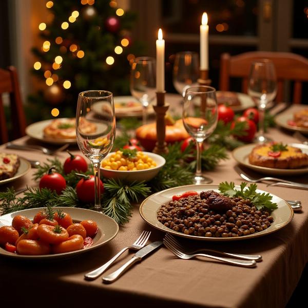 Tavola imbandita per il cenone di Capodanno con lenticchie e cotechino