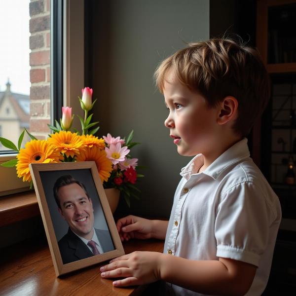 Ricordare con Amore: Un bambino guarda una foto del suo papà scomparso con un sorriso malinconico. Un mazzo di fiori freschi è posto accanto alla foto.