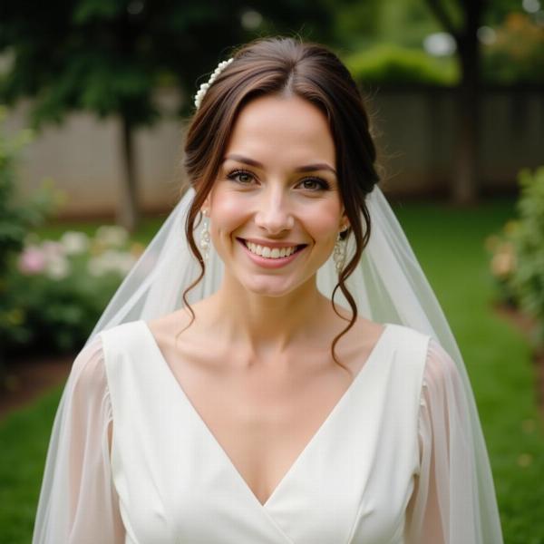 Auguri di matrimonio per la sposa: un'immagine elegante di una sposa che sorride raggiante nel suo abito bianco.