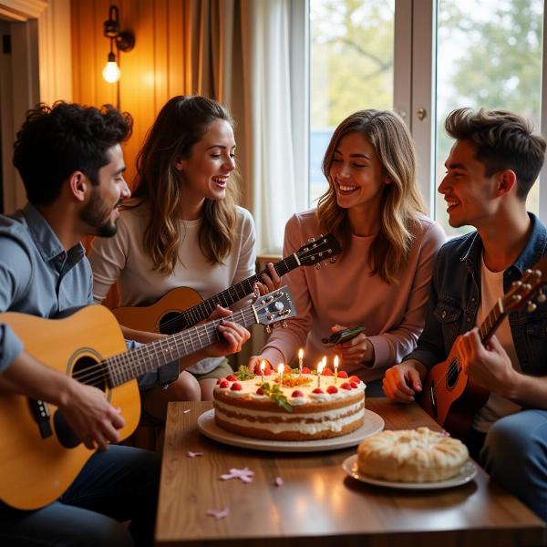 Un gruppo di amici fa una serenata di buon compleanno