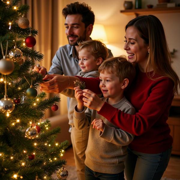 Famiglia che addobba l'albero di Natale