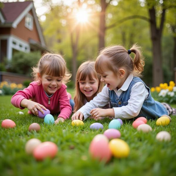 Auguri di Pasqua: bambini che giocano con le uova