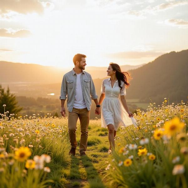 Auguri di Buona Primavera: Coppia passeggia in un campo di fiori.