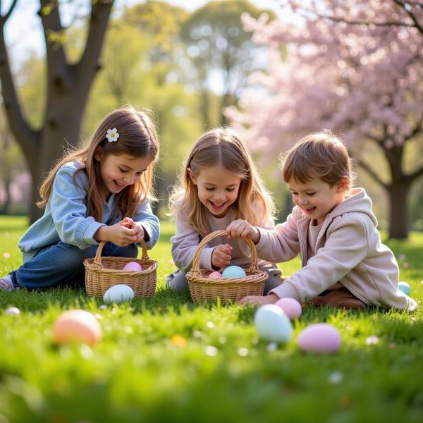 Bambini che ridono durante la caccia alle uova di Pasqua.