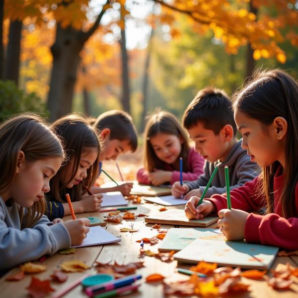 Bambini delle elementari che scrivono poesie sull'autunno, circondati da foglie e colori autunnali.