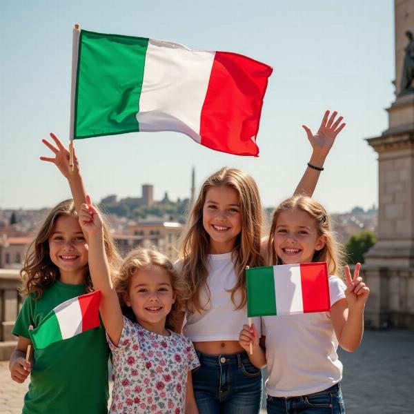 Bambini che sventolano bandiere Italia