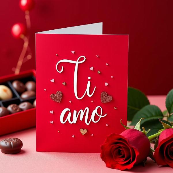 Hình ảnh minh họa một tấm thiệp Valentine đỏ rực với dòng chữ "Ti amo" được viết bằng chữ nghệ thuật.