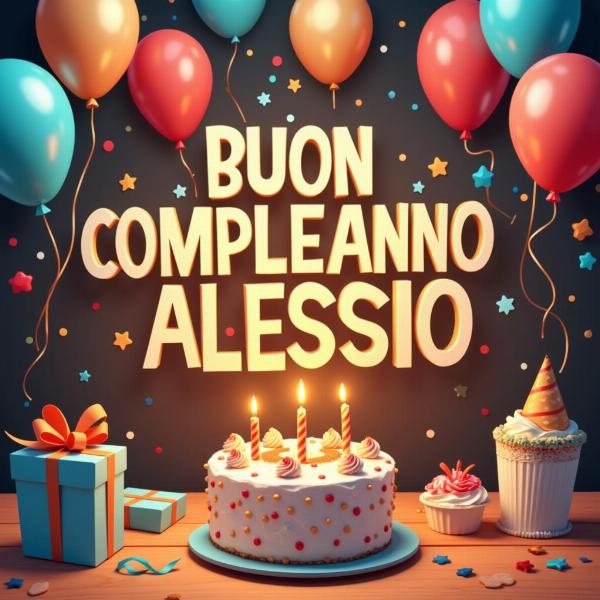 GIF animata Buon Compleanno Alessio con palloncini e torta