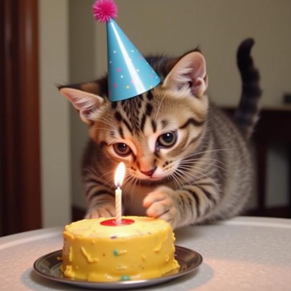 Buon Compleanno Divertente GIF: Gattino buffo con cappello a festa