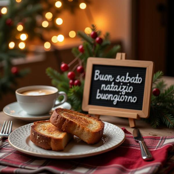 Bữa sáng Giáng sinh ấm áp với bánh mì nướng và cà phê, kèm theo lời chúc "Buon sabato natalizio buongiorno"