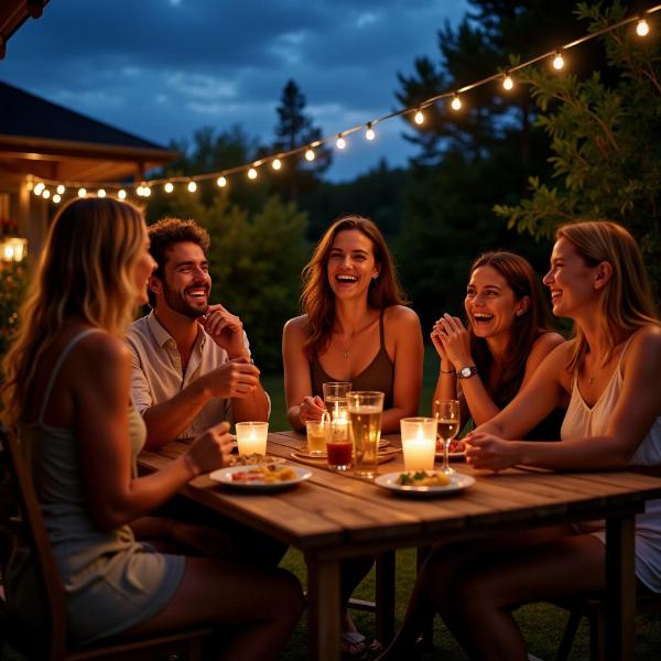 Amici che ridono in giardino durante una notte d'estate