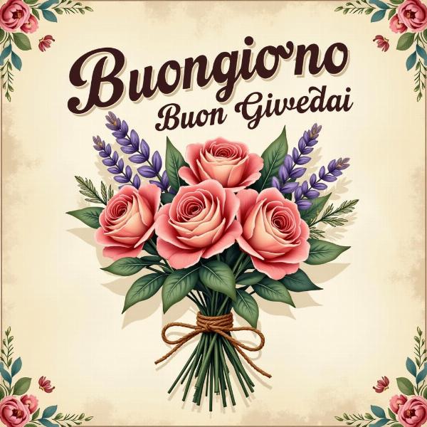 Buongiorno Buon Giovedì Vintage: Bouquet di rose e lavanda con sfondo vintage.