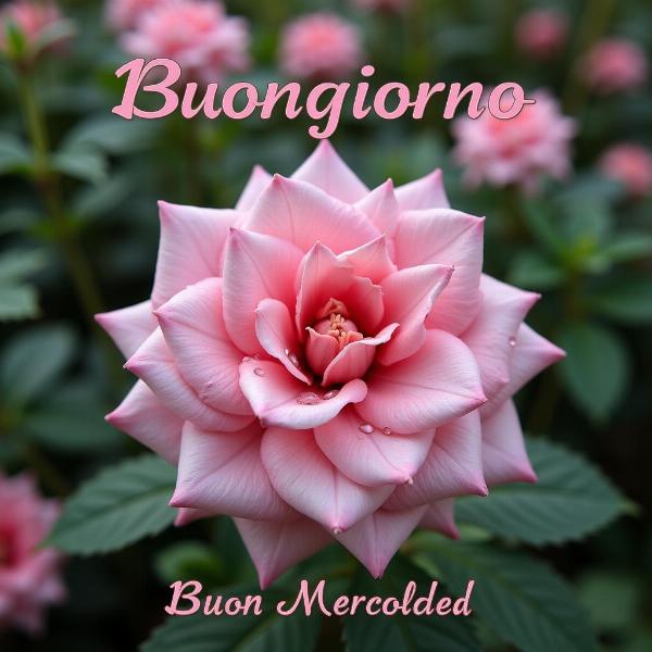 Immagine di buongiorno buon mercoledì con un fiore rosa e rugiada