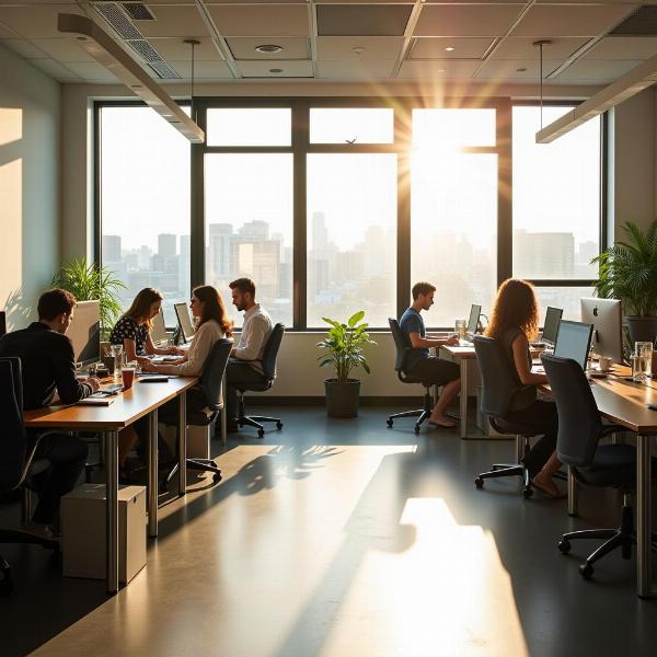 Un ufficio soleggiato con persone che lavorano